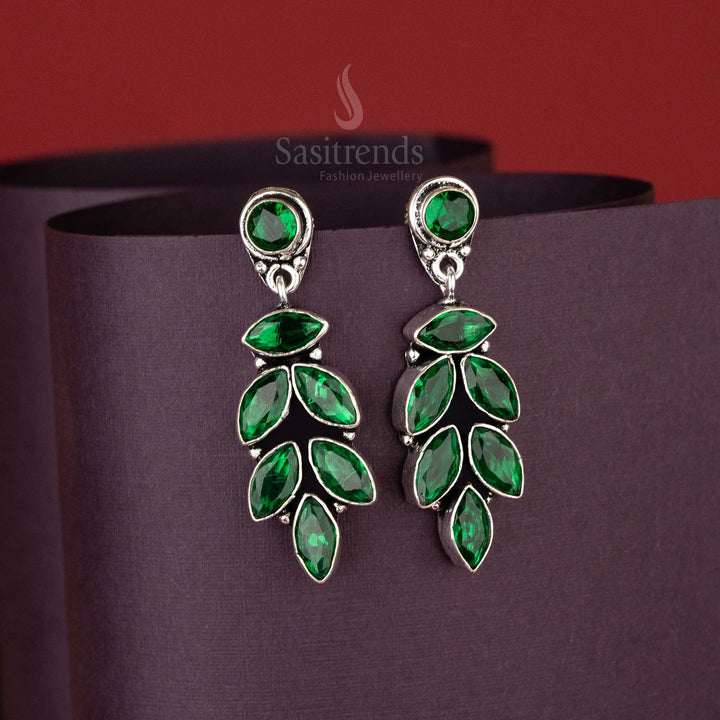 Green Stone Oxidised Earrings with Intricate Leaf Drop Design – Push Back Closure