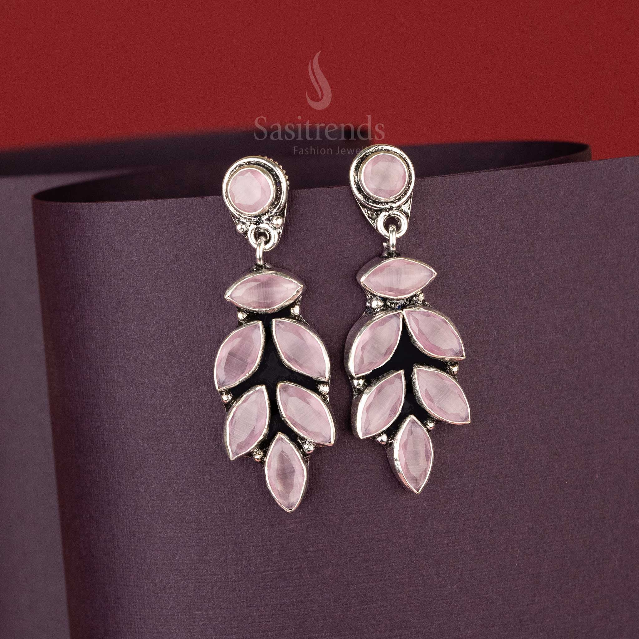 Pink Stone Oxidised Earrings Featuring Delicate Leaf Drop Motifs – Push Back Closure