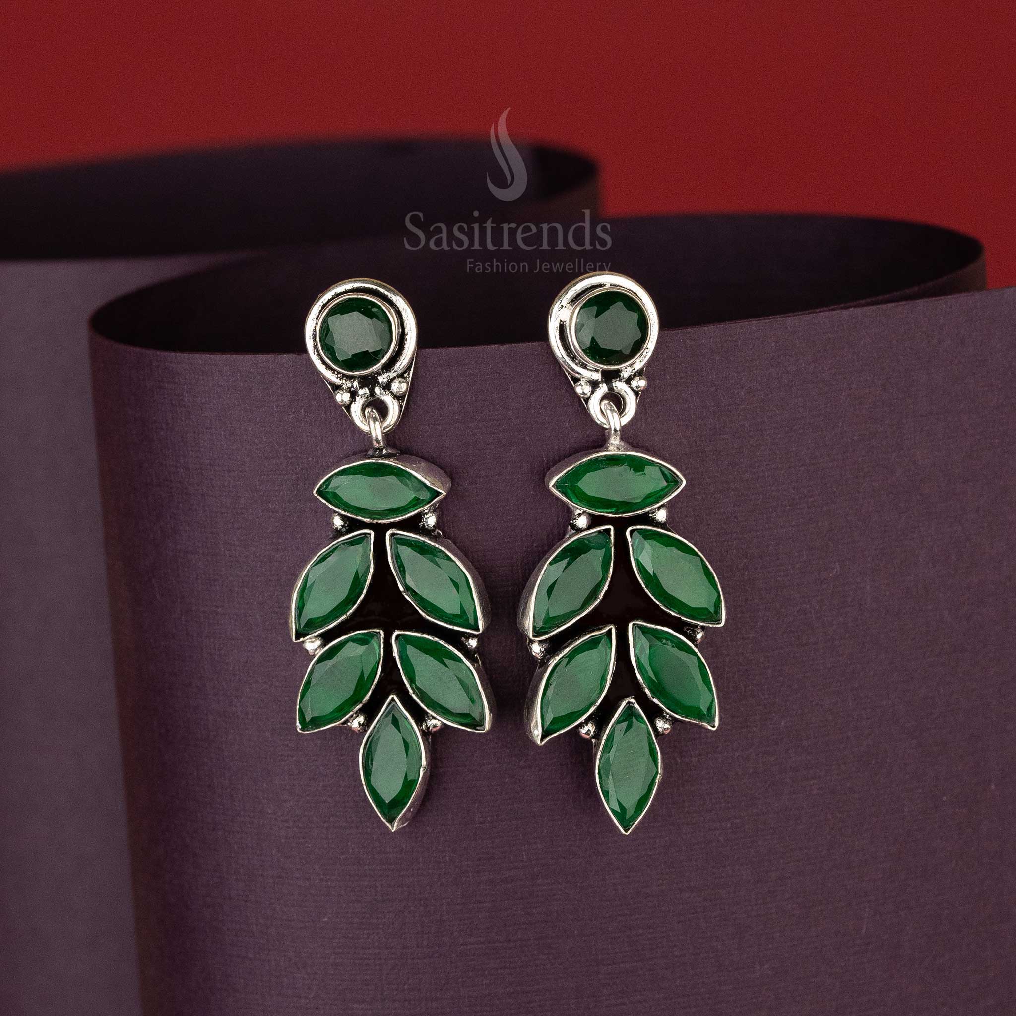 Traditional Oxidised Green Stone Leaf Pattern Push Back Earrings Sasitrends