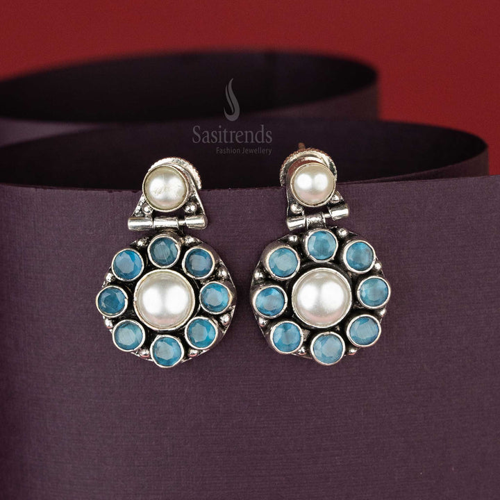 Ocean Blue Stone Oxidised Pearl Drop Earrings with Circular Design – Vintage Style