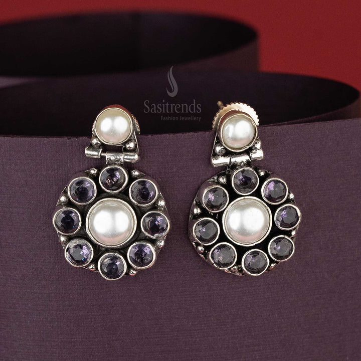 Violet Stone Oxidised Pearl Drop Earrings with Vintage Circular Motif – Push Back Closure