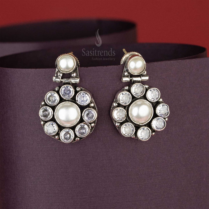 White Pearl Oxidised Drop Earrings with Clear Stones in Circular Design – Push Back