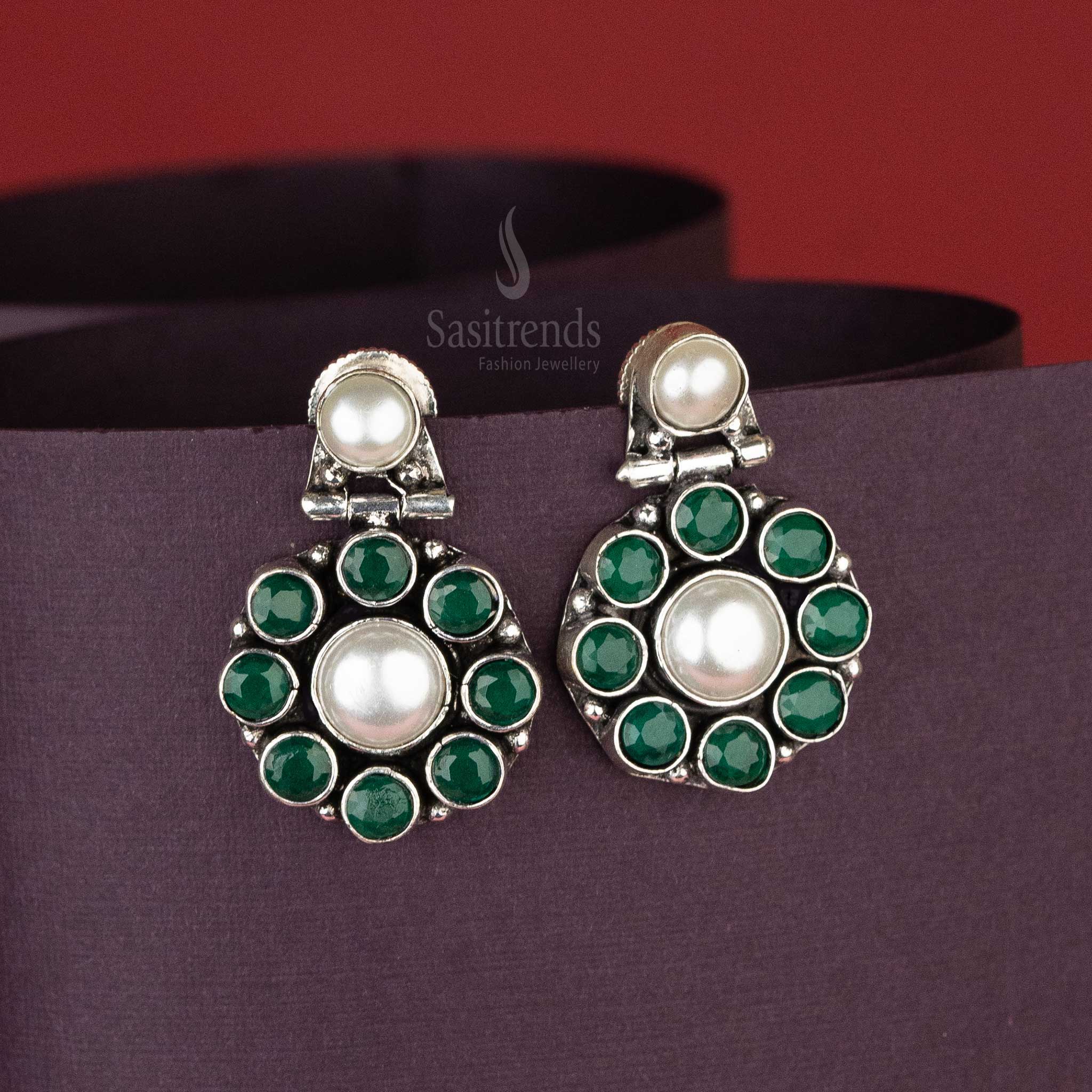 Emerald Green Stone Oxidised Pearl Drop Earrings with Circular Design