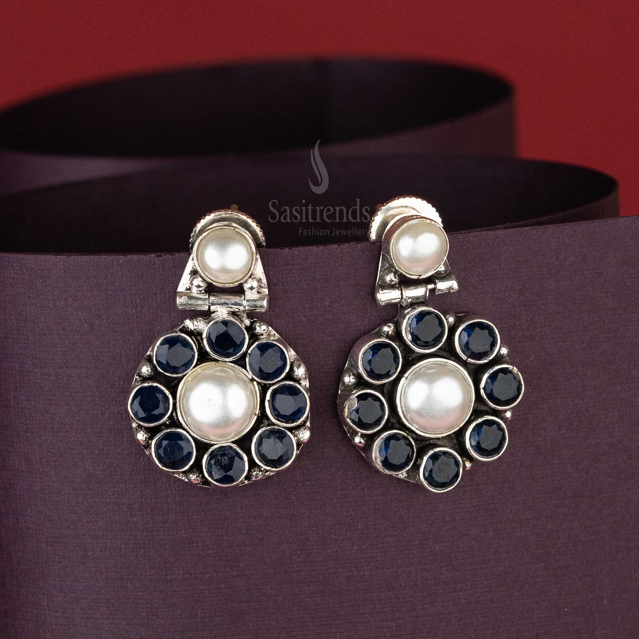 Midnight Blue Stone Oxidised Pearl Drop Earrings with Circular Design – Classic Push Back