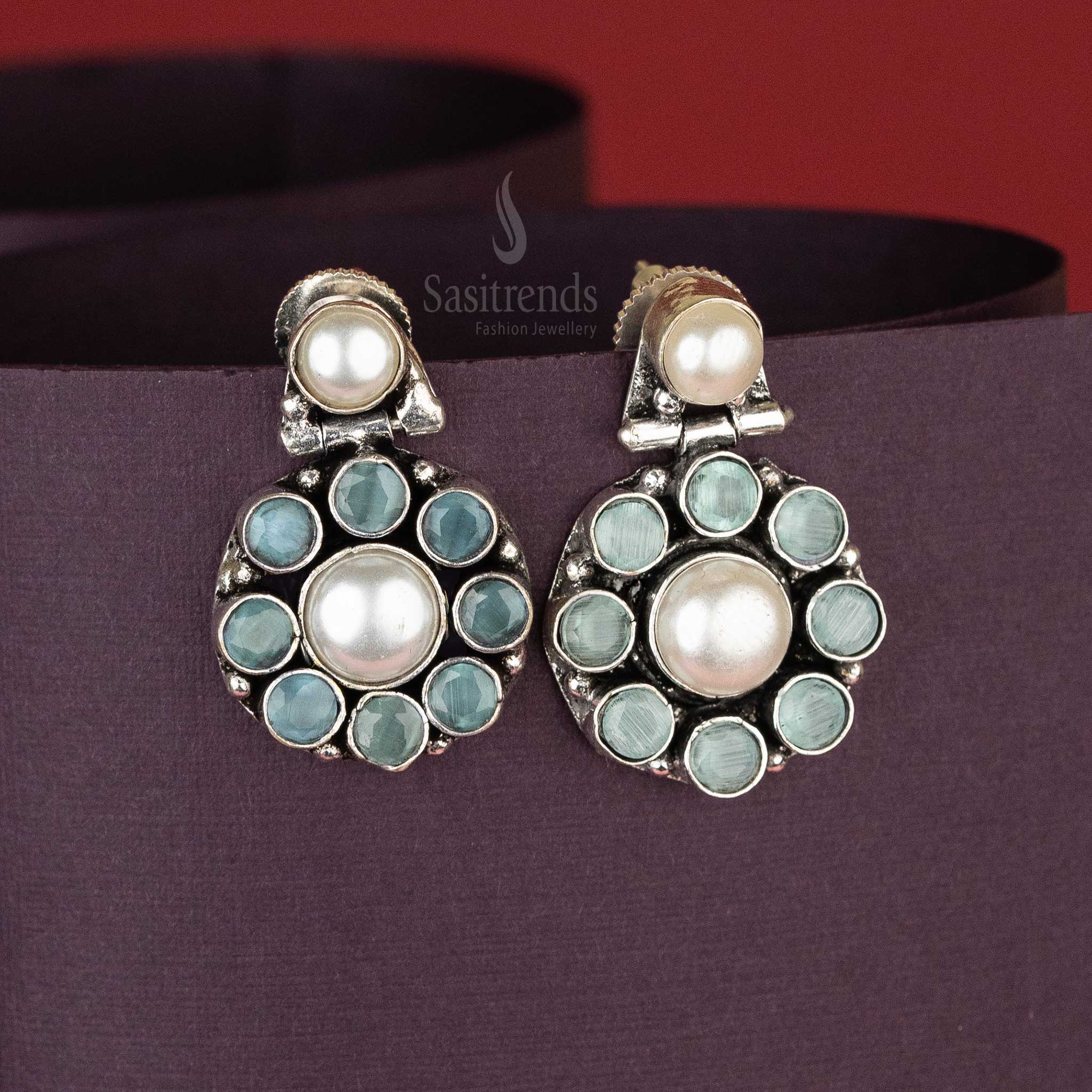 Round Pattern Mint Stone And Pearl Stud Push Back Earrings Sasitrends