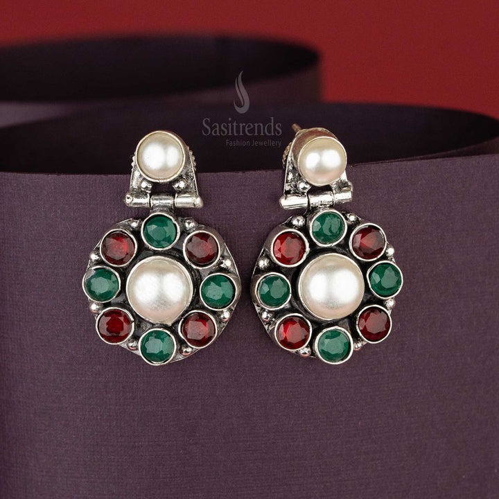 Stylish Ruby Green Pearl Stone Round Pattern Navarathiri Special Elegance Earrings