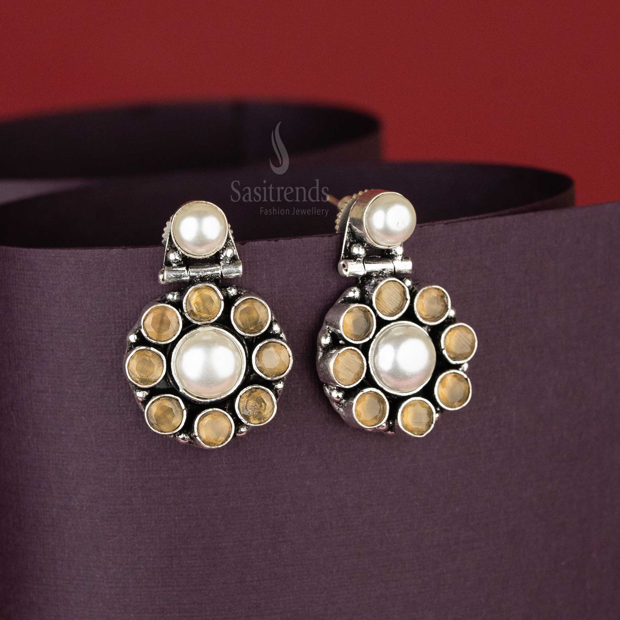 Yellow Golden Hue Stone Oxidised Earrings with Dual Pearl Drop and Circular Design