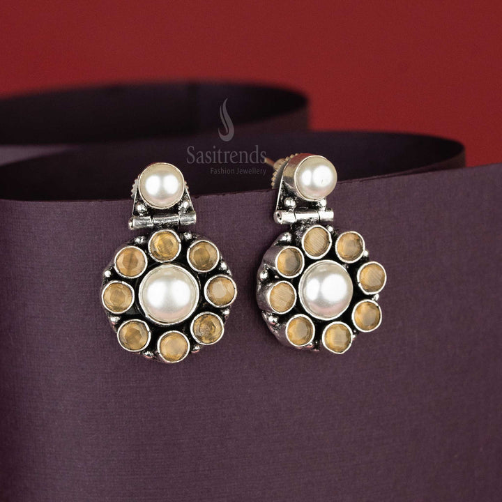 Sasitrends - Trendy Oxidised Pearl Drop Earrings with Circular Stone Accents – Dual Pearl Design