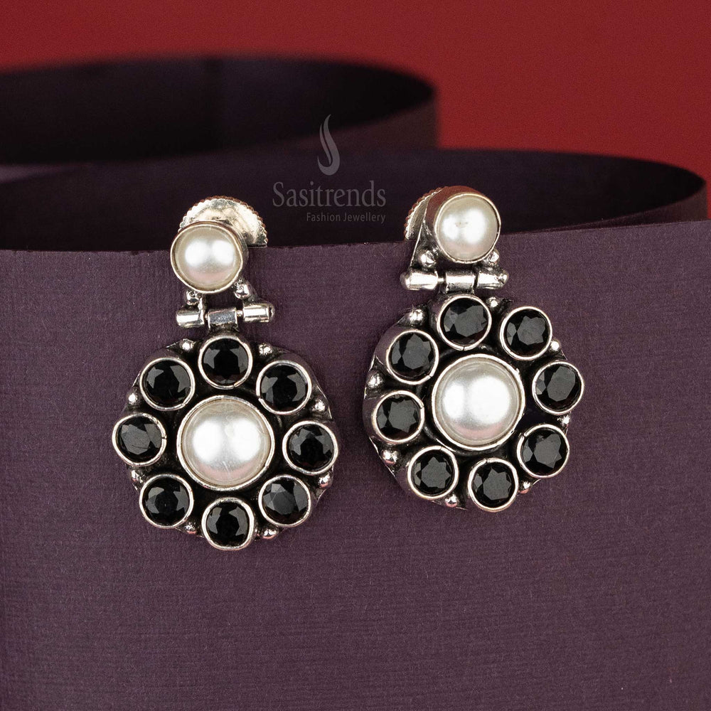 Black Stone Oxidised Drop Earrings with Dual Pearls and Circular Accents