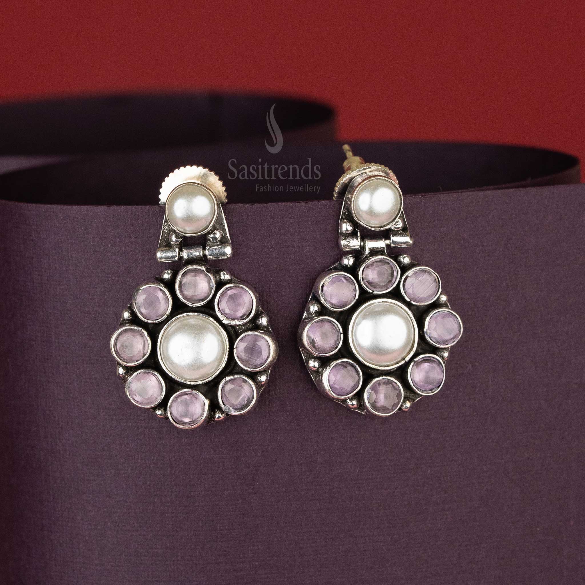 Pastel Pink Stone Oxidised Pearl Drop Earrings – Elegant Circular Motif