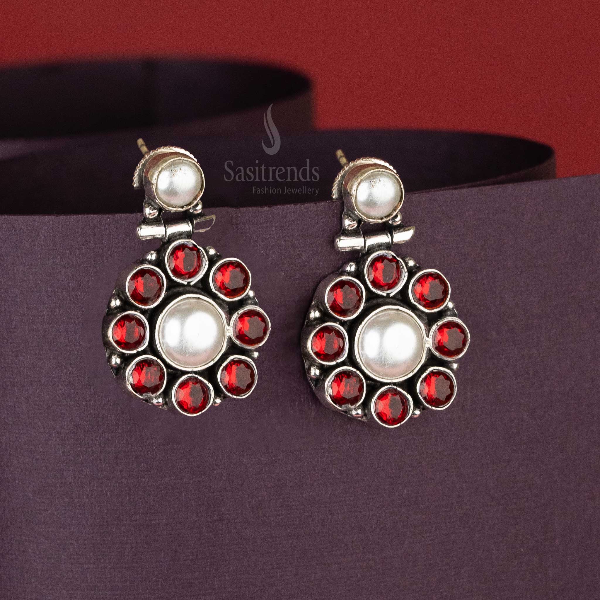 Vibrant Red Stone Oxidised Drop Earrings with Dual Pearls and Vintage Finish