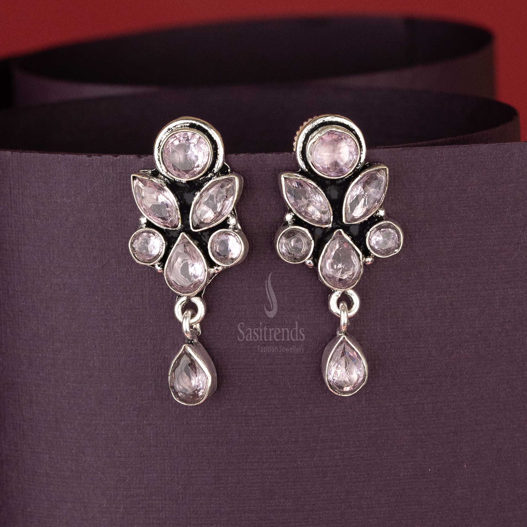 Clear Stone Teardrop Oxidised Earrings with Crystal Floral Design