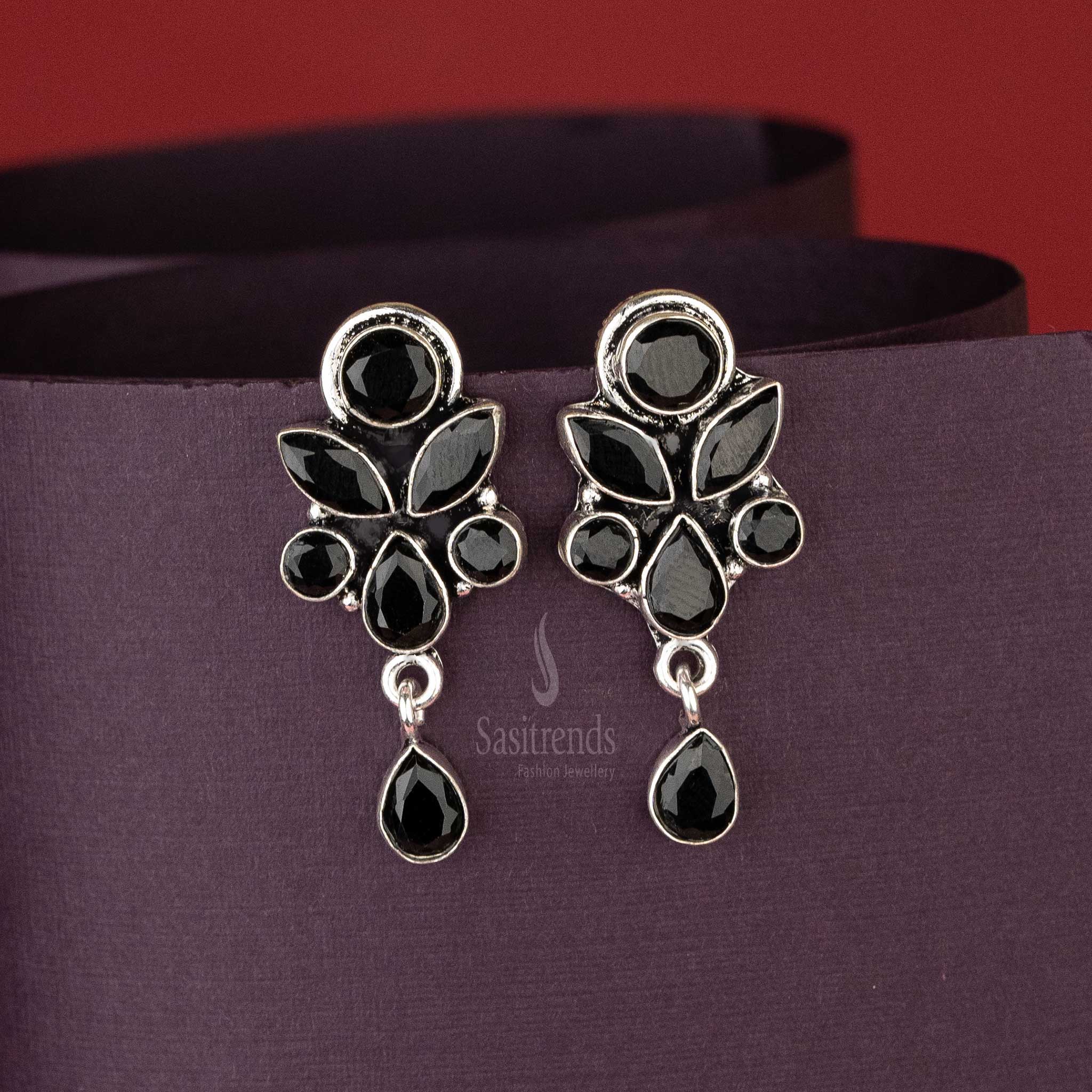 Elegant Oxidised Black Stone Floral Designer Push Back Earrings Navarathiri Special Sasitrends