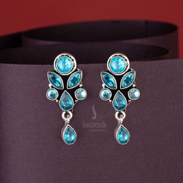 Elegant Oxidised Glossy Blue Stone Floral Designer Push Back Earrings Sasitrends