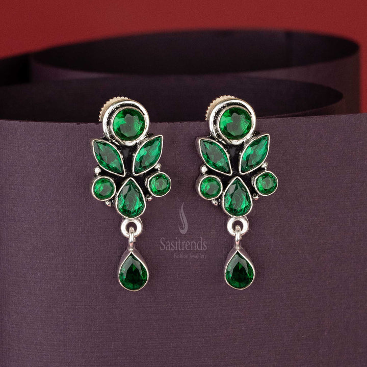 Elegant Oxidised Glossy Green Stone Floral Designer Push Back Earrings Sasitrends