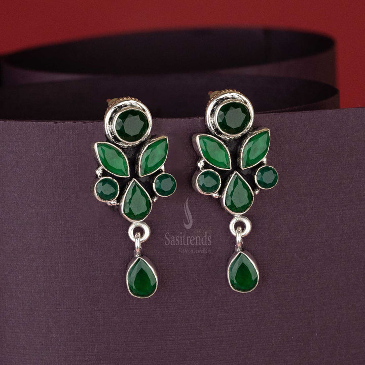 Elegant Oxidised Green Stone Floral Designer Push Back Earrings Sasitrends