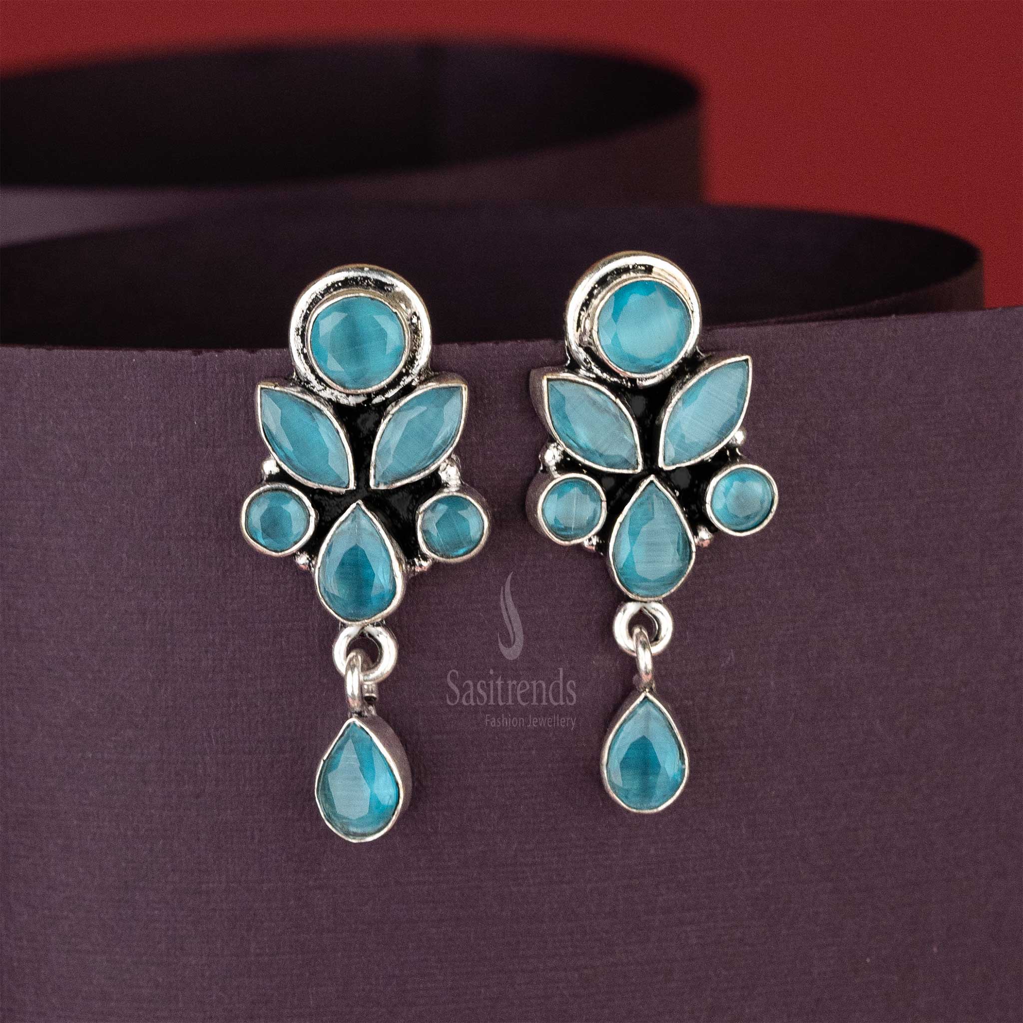 Elegant Oxidised Sky Blue Stone Floral Designer Push Back Earrings Navarathiri Special Sasitrends