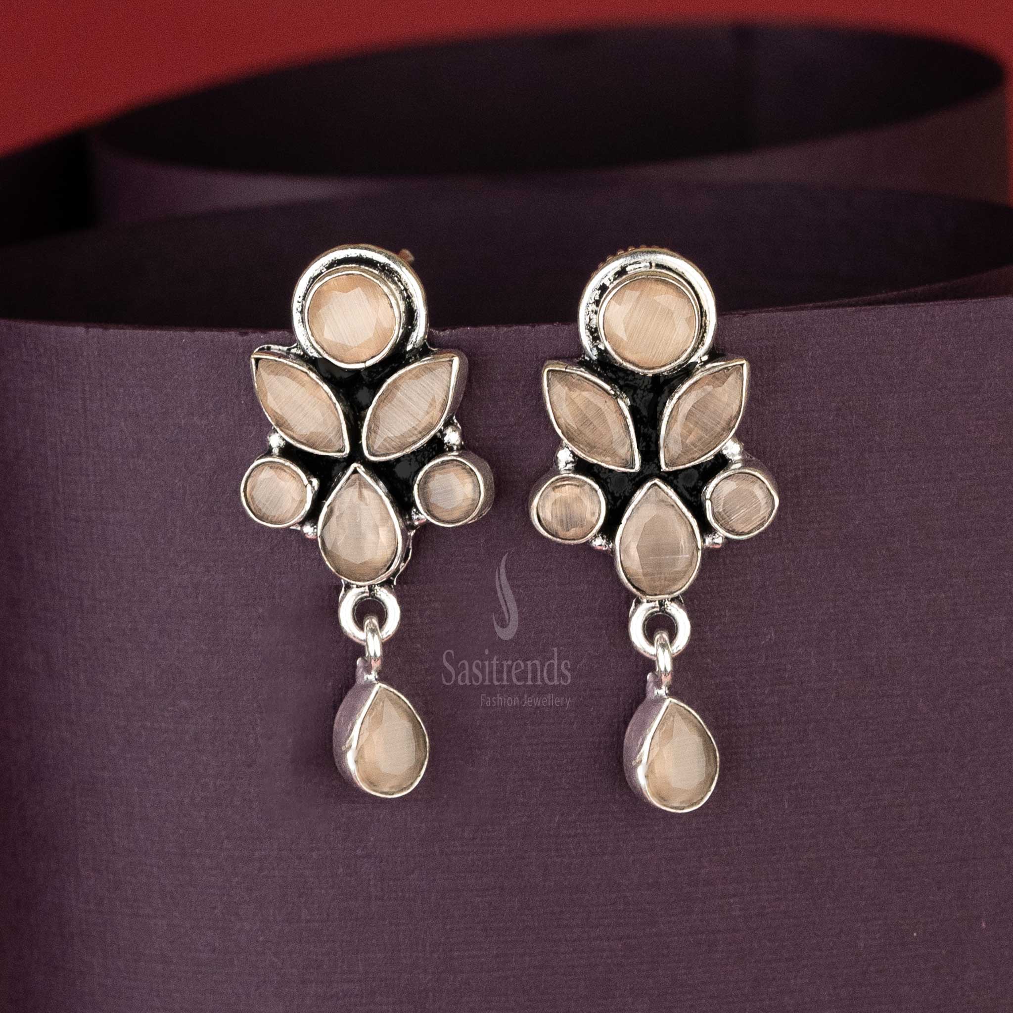 Stylish Oxidised Peach Stone Floral Designer Push Back Earrings Sasitrends Online