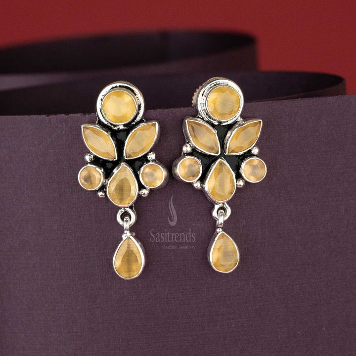 Elegant Oxidised Yellow Stone Floral Designer Push Back Earrings Sasitrends