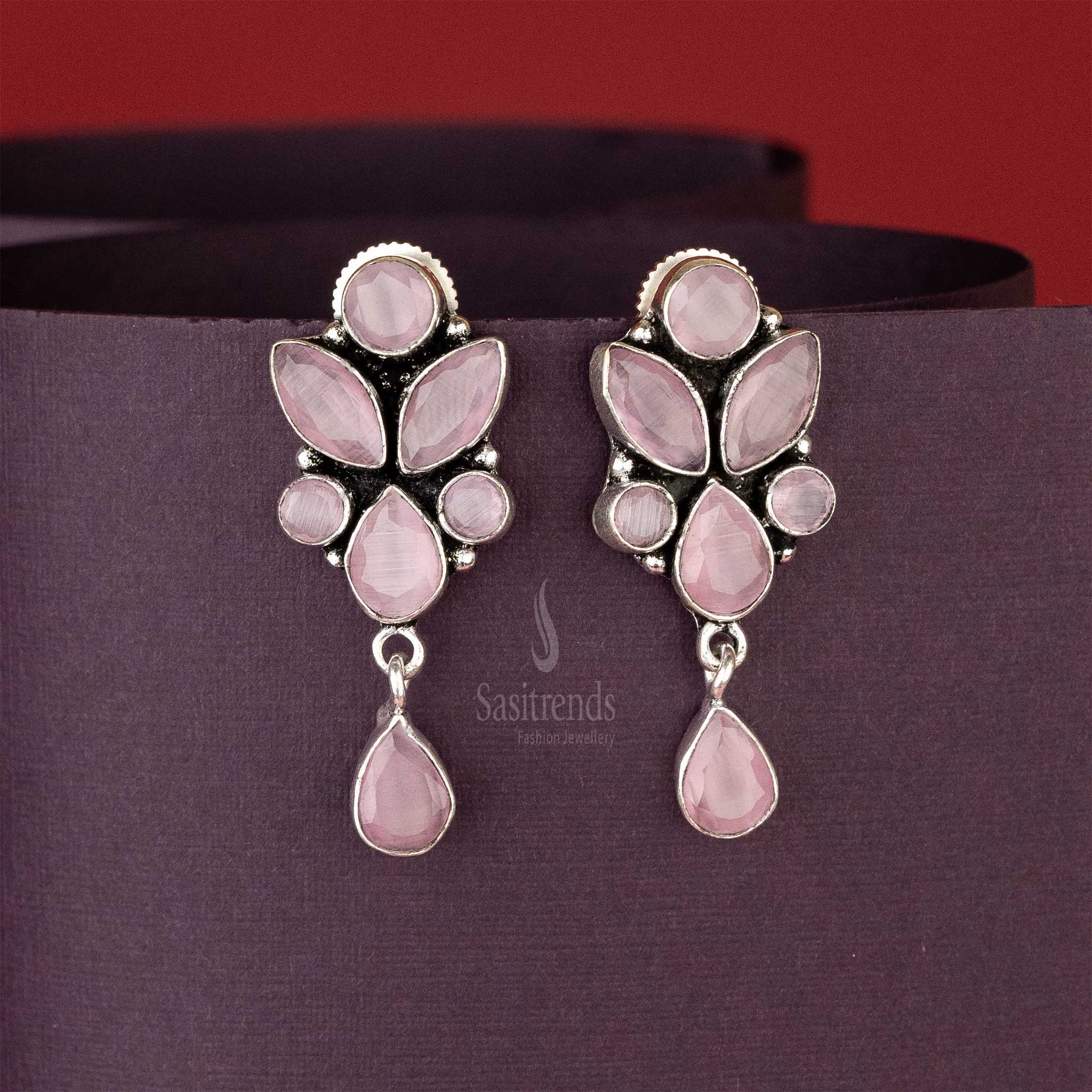 Elegant Oxidised Pink Stone Floral Designer Push Back Earrings Sasitrends Online