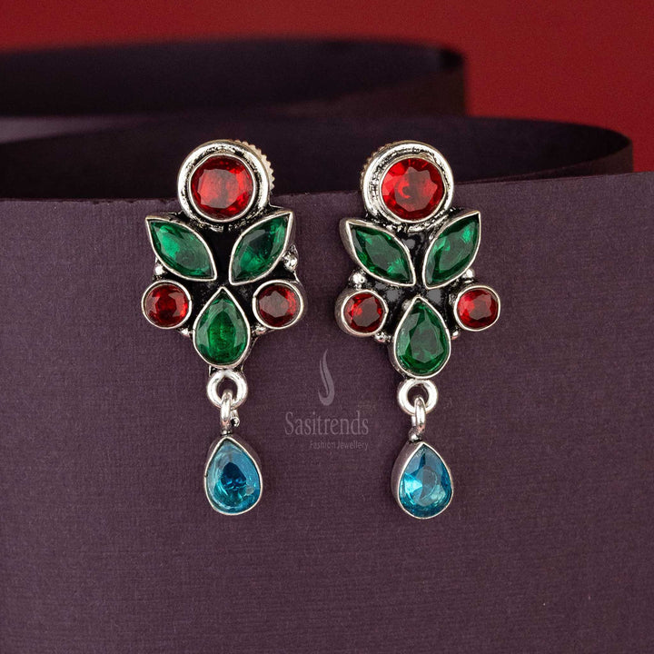 Stylish Oxidised Ruby Green Stone Floral Designer Push Back Earrings Navaratri Elegant Sasitrends