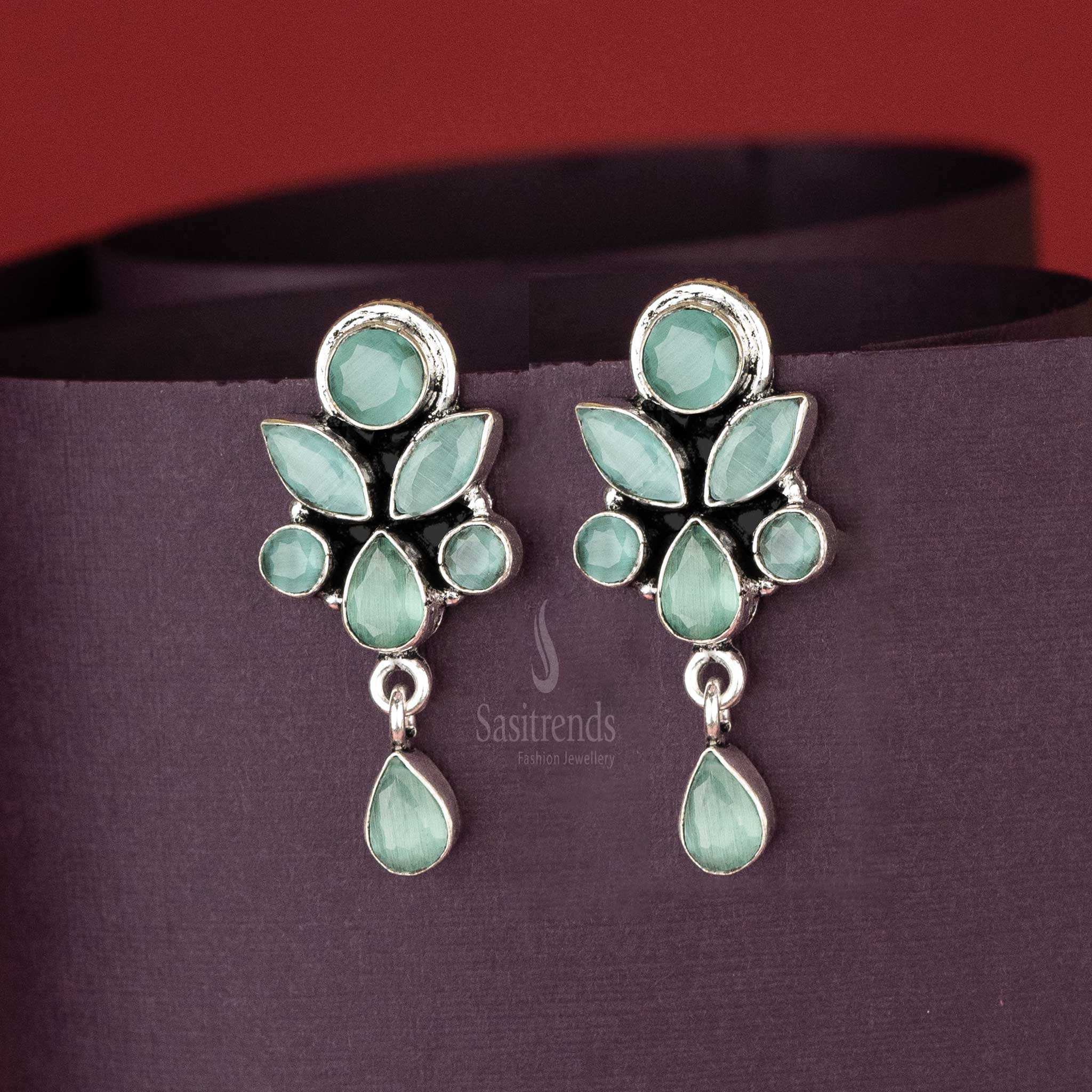 Traditional Oxidised Mint Stone Floral Designer Push Back Earrings Sasitrends