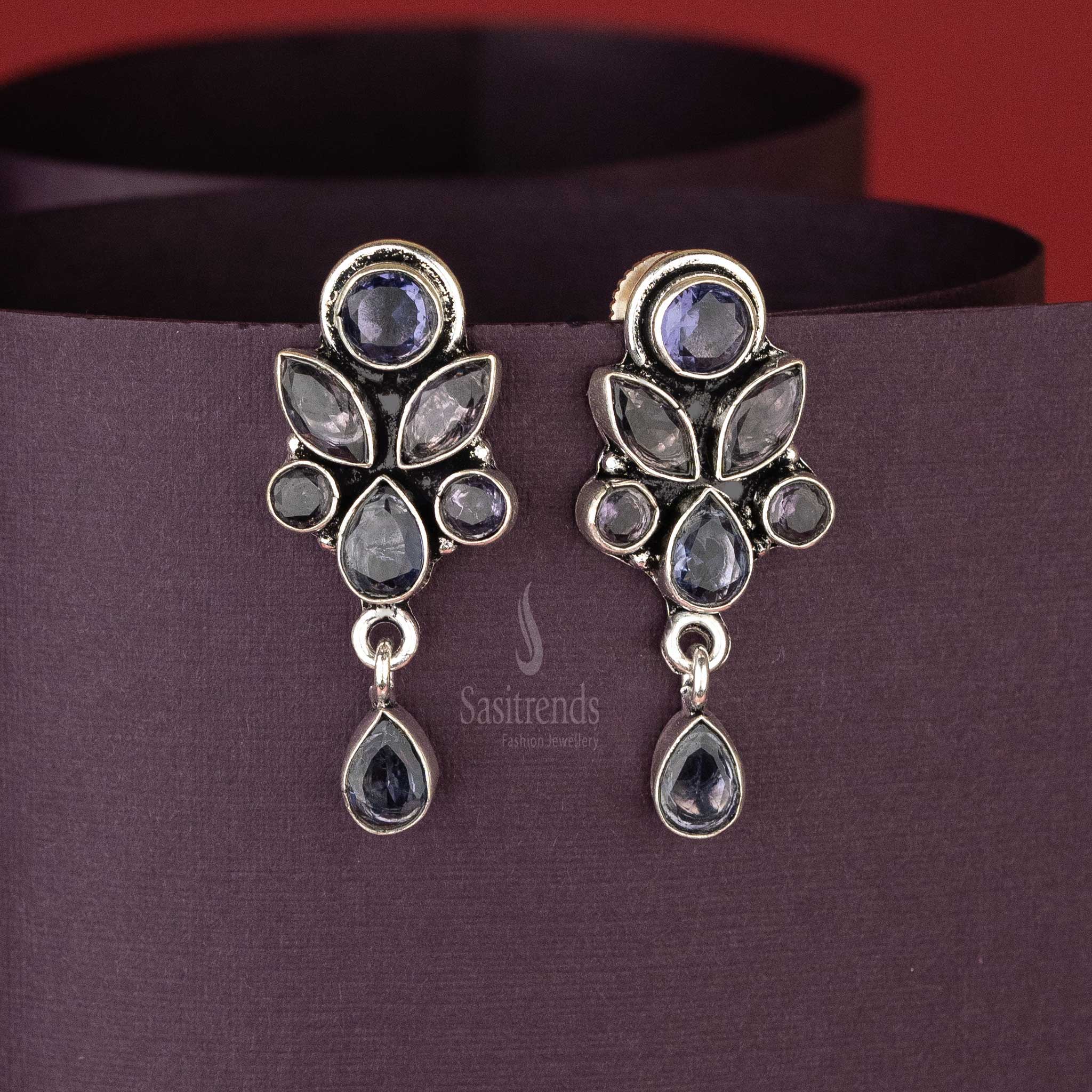 Traditional Oxidised Violet Stone Floral Designer Push Back Earrings Sasitrends