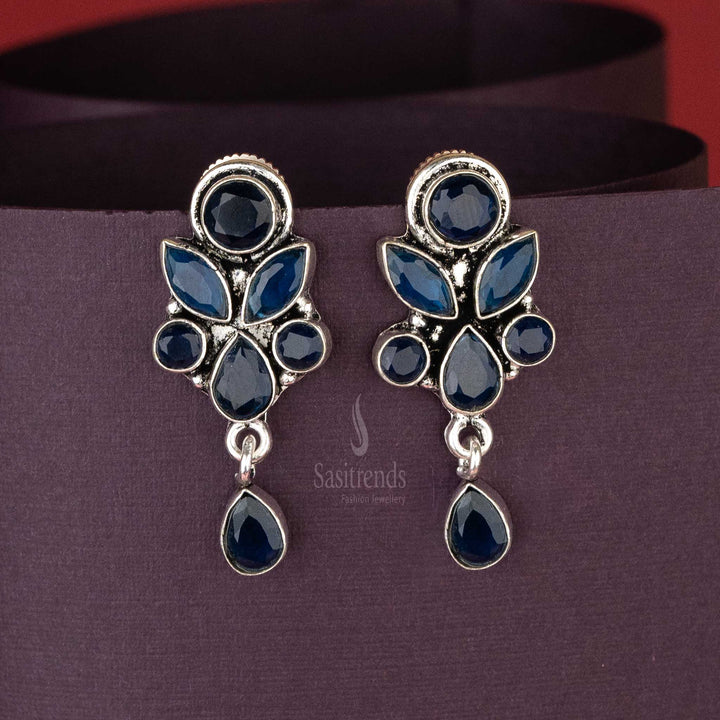 Trendy Oxidised Blue Stone Floral Designer Push Back Earrings Sasitrends