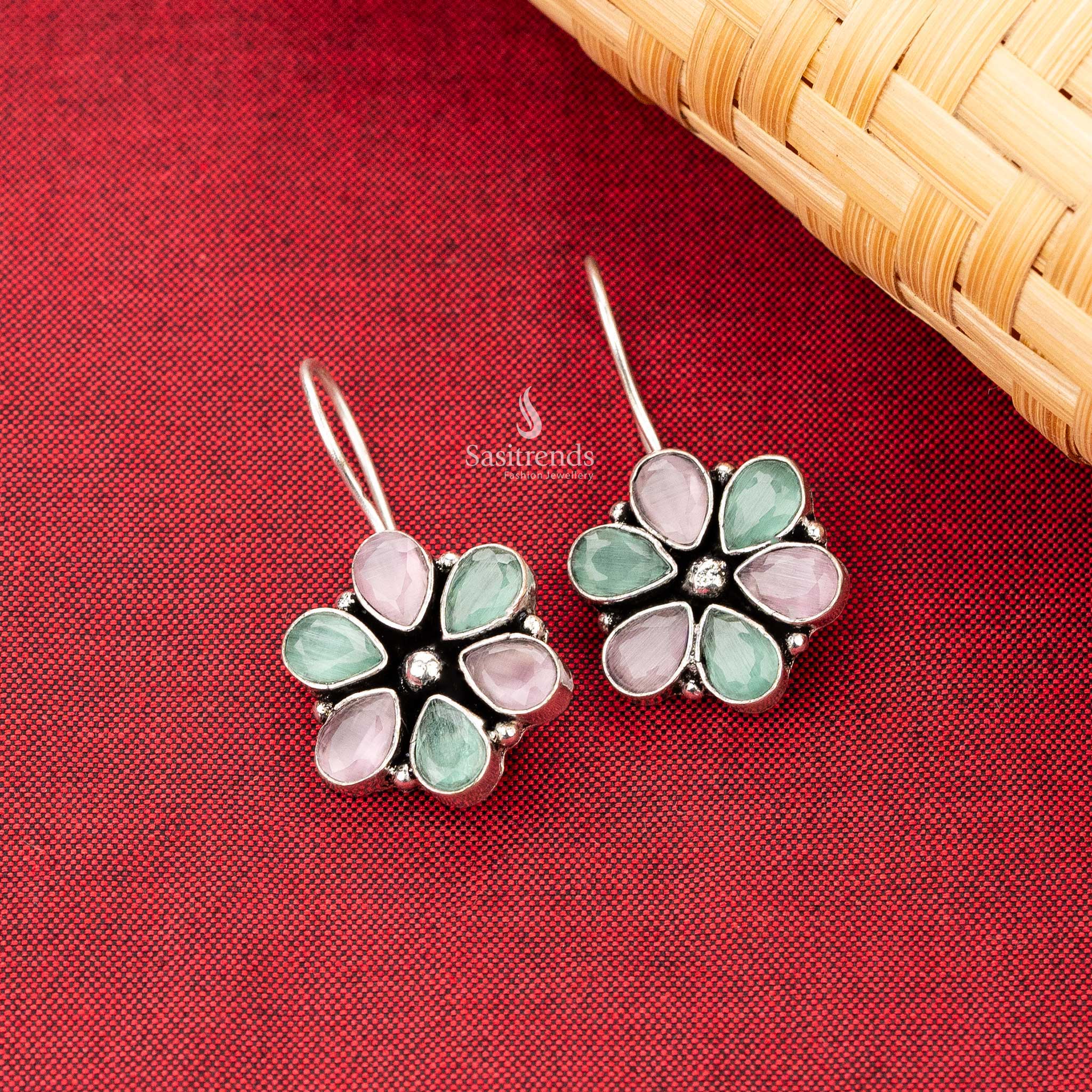 Beautiful flower designer pink and mint natural stone stud fish hook earrings sastrends