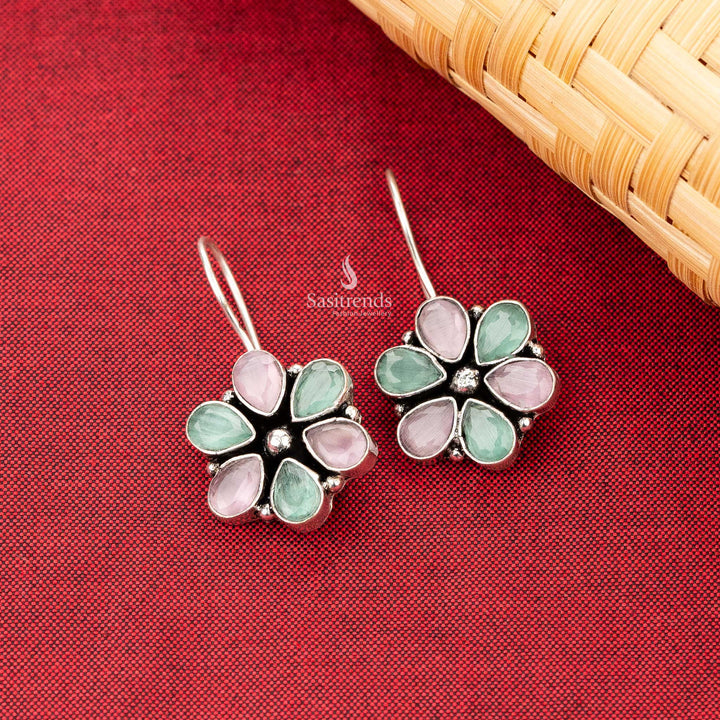 Beautiful flower designer pink and mint natural stone stud fish hook earrings sastrends