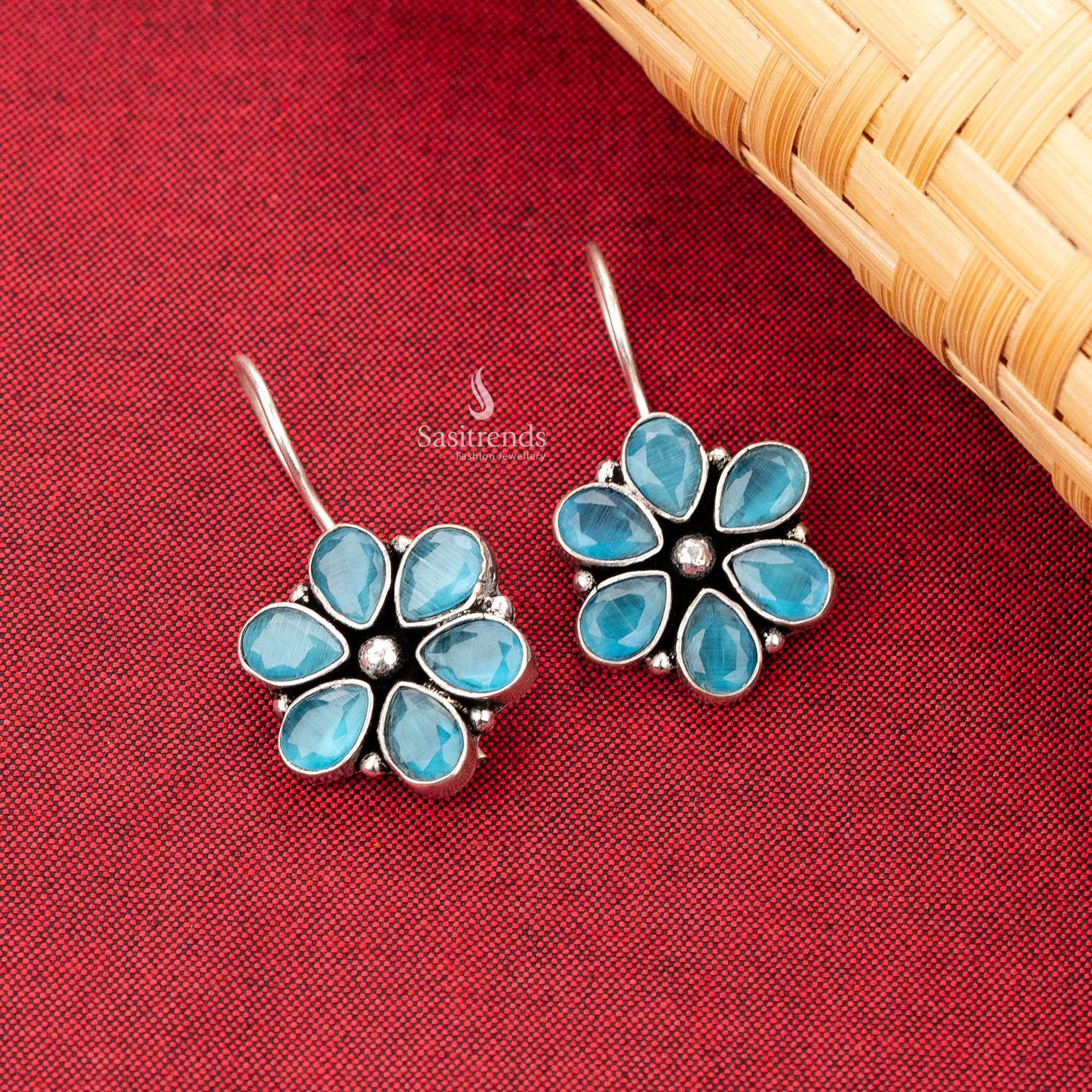 party wear floral designer ocean blue natural stone fish hook earrings sasitrends