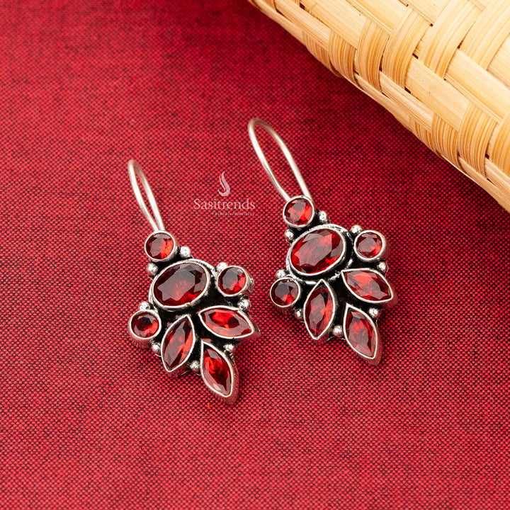 Oxidised Silver Earrings with Marquise Red Stones in a Leaf Cluster Design