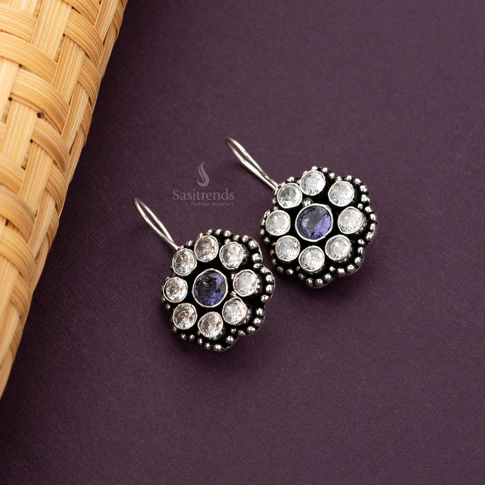 Oxidised Silver Floral Drop Earrings with Violet Stones Sasitrends