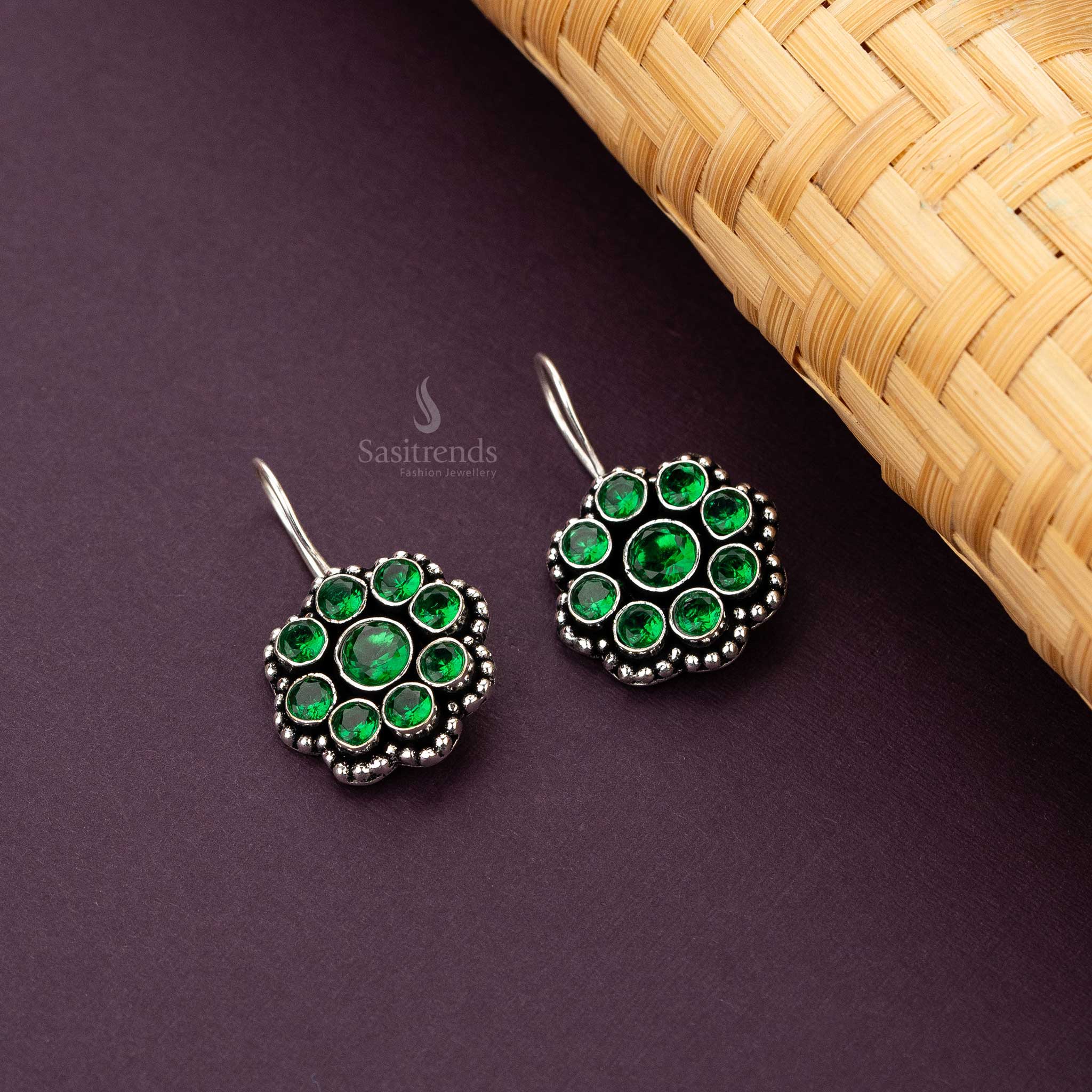 Oxidised Silver Floral Drop Earrings with Green Stones 