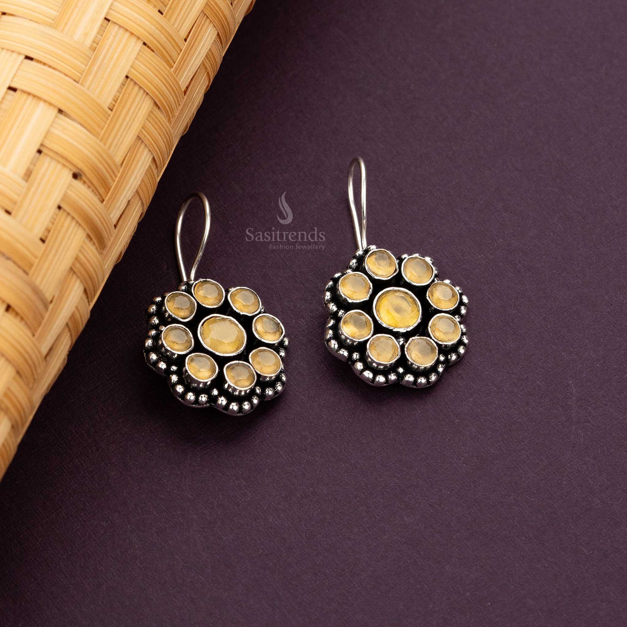 Oxidised Silver Floral Drop Earrings with Yellow Stones Navarathiri Special Sasitrends