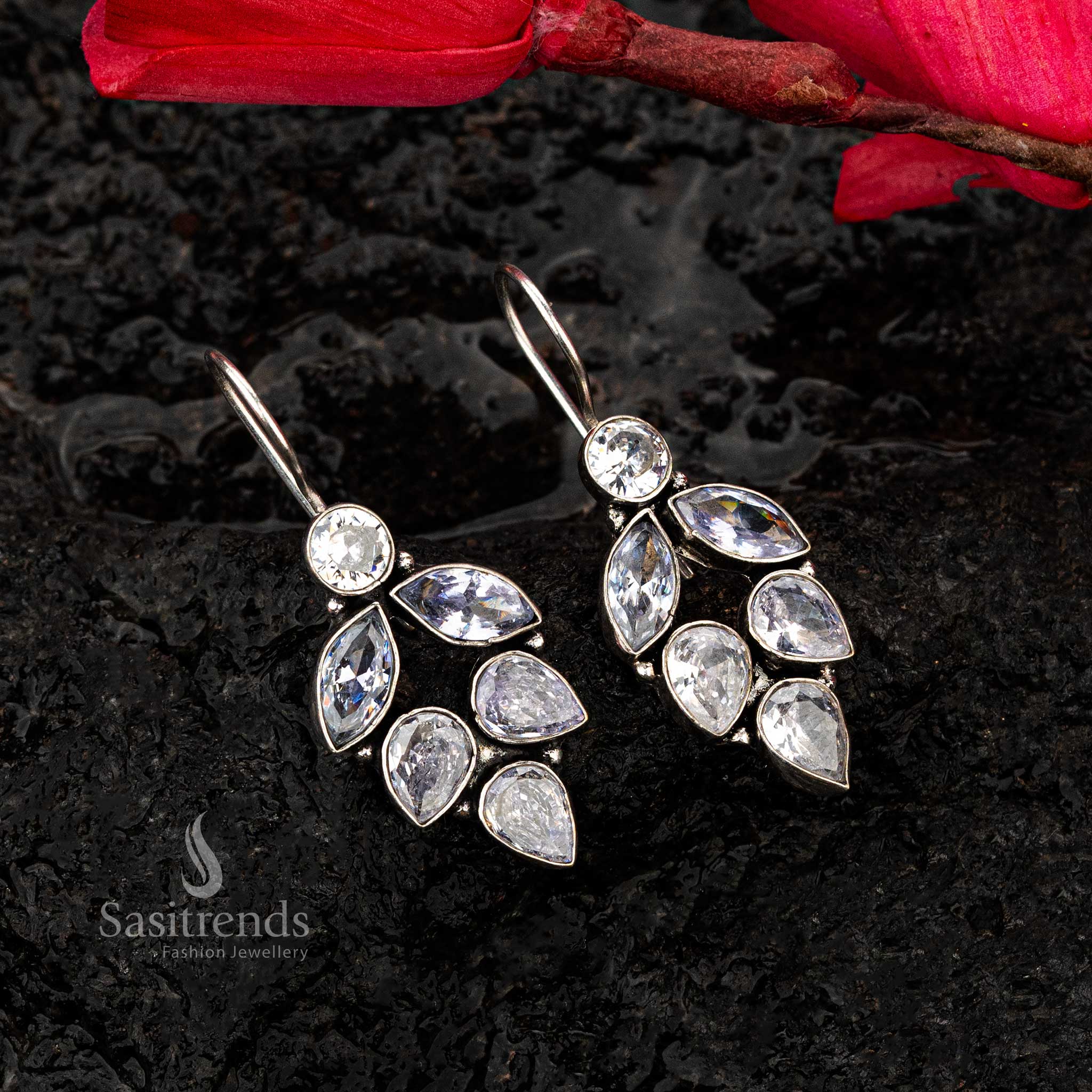 oxidised earrings with White teardrop stones, arranged in an elegant leaf pattern - Sasitrends