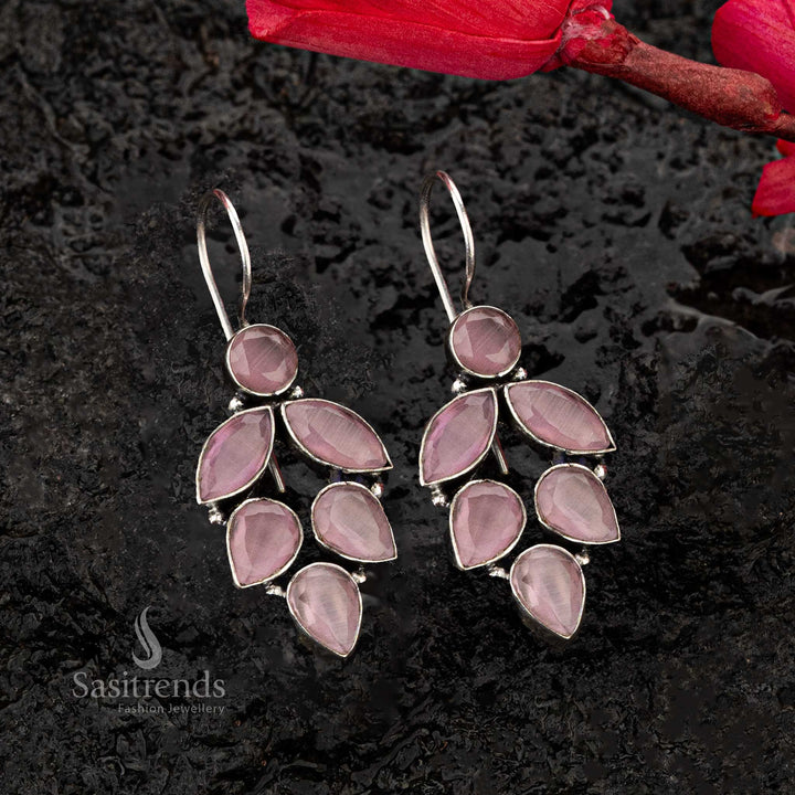 Oxidised silver earrings with delicate pink teardrop and round stones arranged in a graceful leaf design - Sasitrends