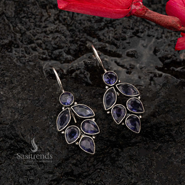 Delicate purple stone oxidised earrings with leaf-inspired teardrop and marquise shapes for a feminine appeal - Sasitrends