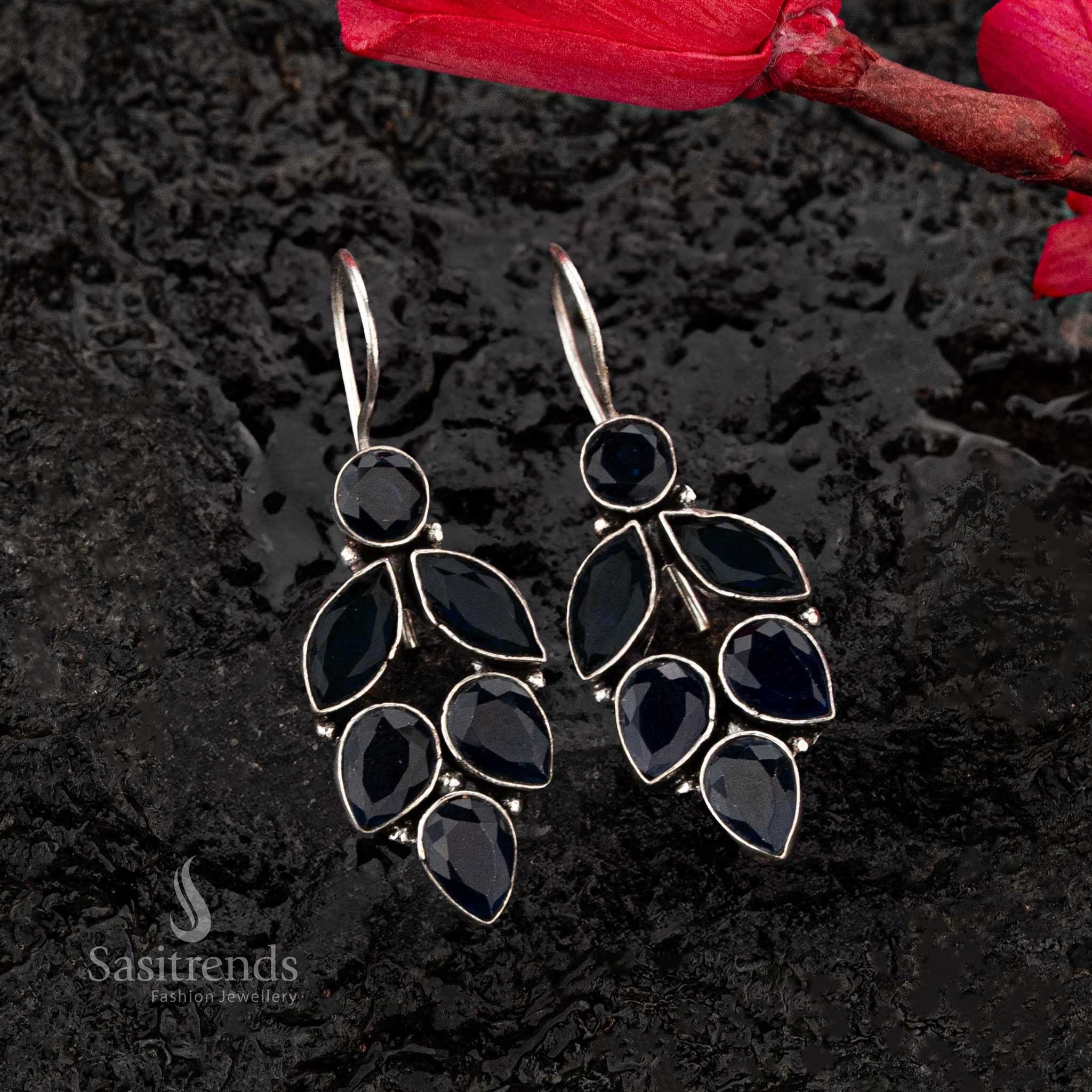 Blue oxidised earrings featuring leaf-shaped teardrop and marquise stones, crafted with a rustic silver finish - Sasitrends