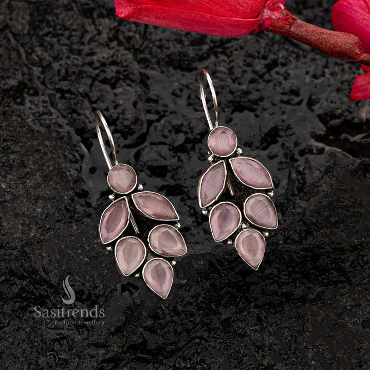 Oxidised earrings with Pink  stones in leaf-inspired teardrop and marquise shapes, perfect for a vibrant look - Sasitrends