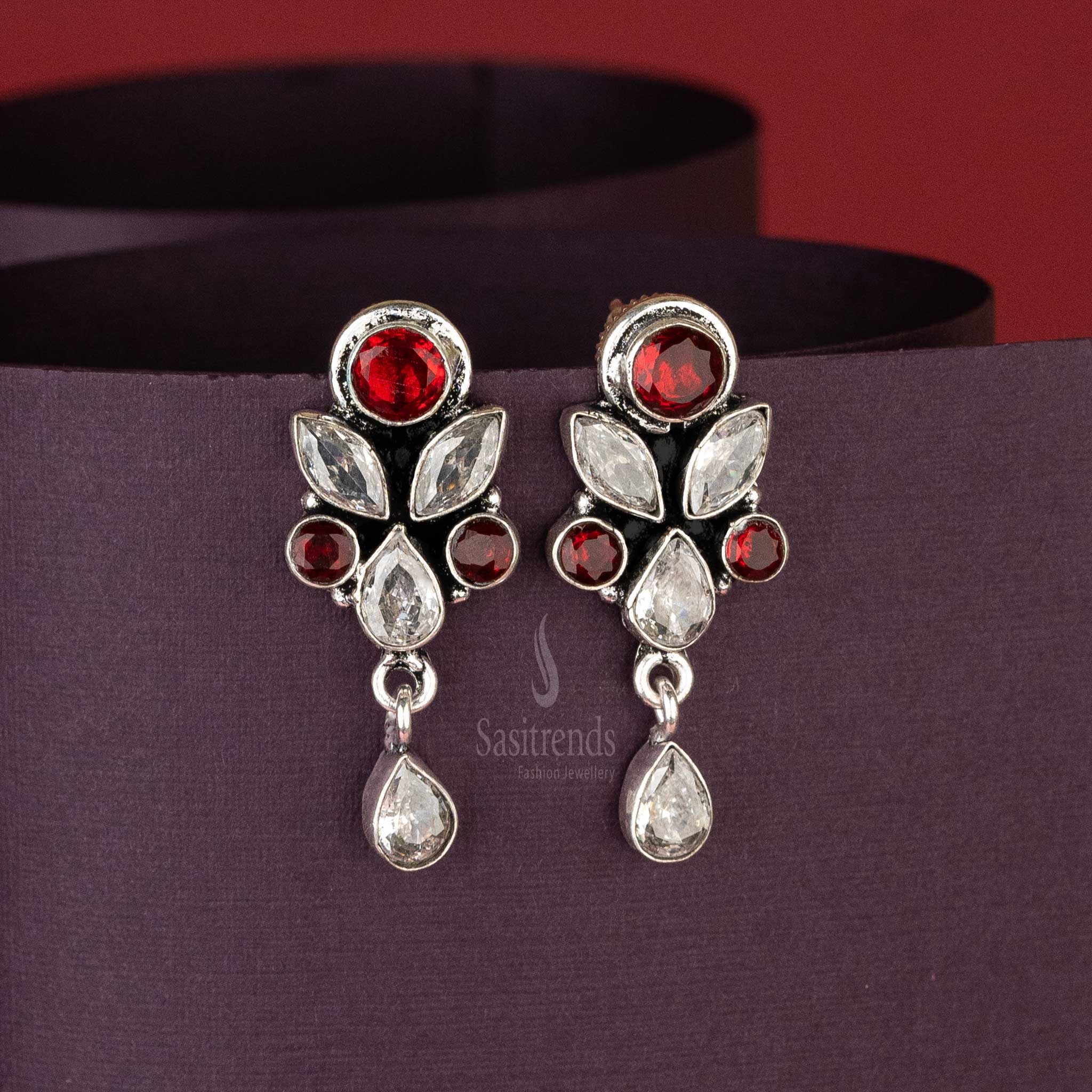 Traditional Oxidised Red White Stone Floral Designer Push Back Earrings Sasitrends