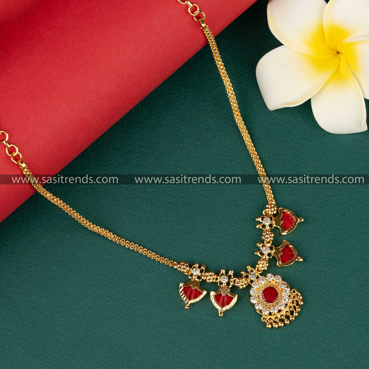 Traditional Micro Gold Plated Red Palakka Nagapadam Necklace with Two Petal Design