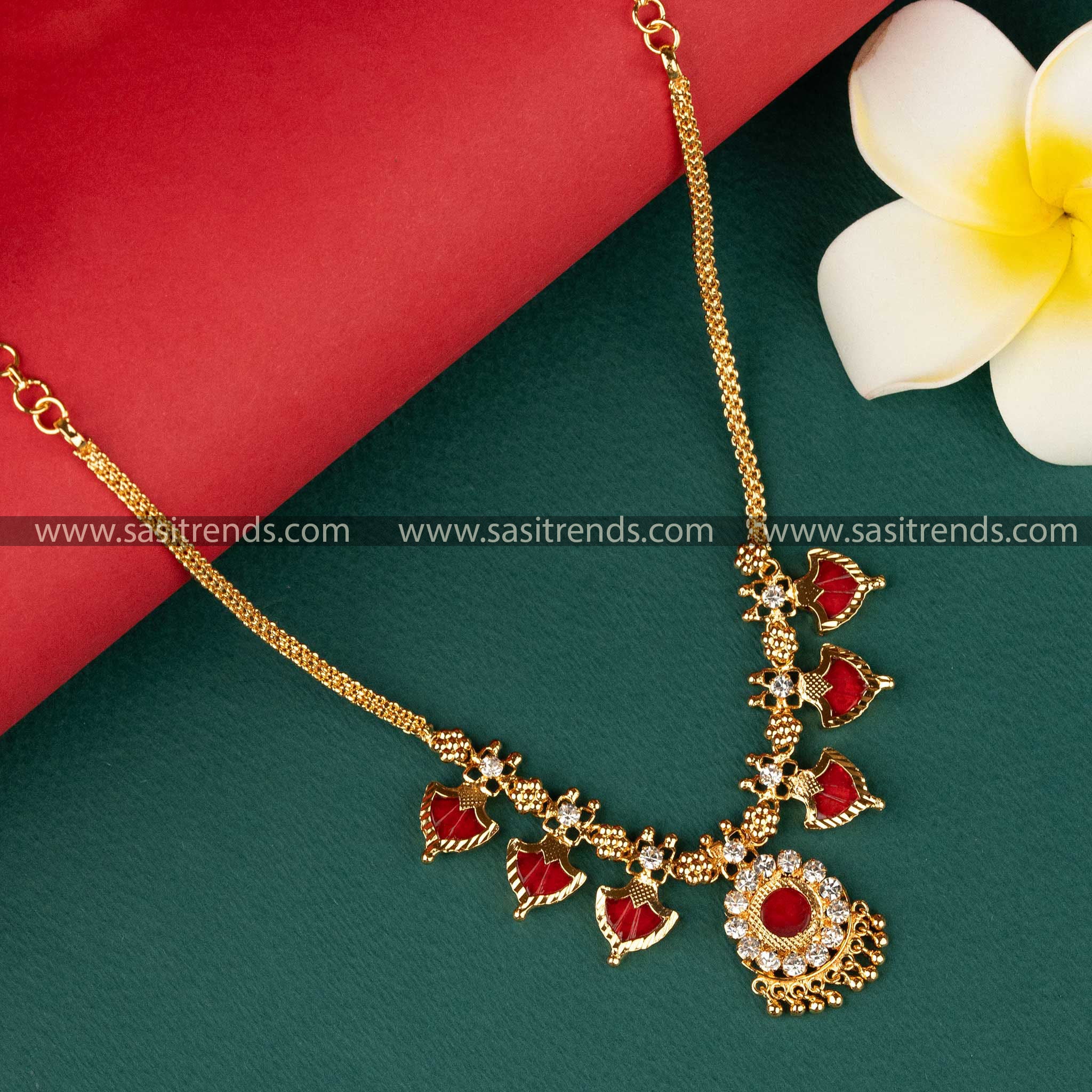 Trendy Micro Gold Plated Red Palakka Nagapadam Necklace with Three Petal Design