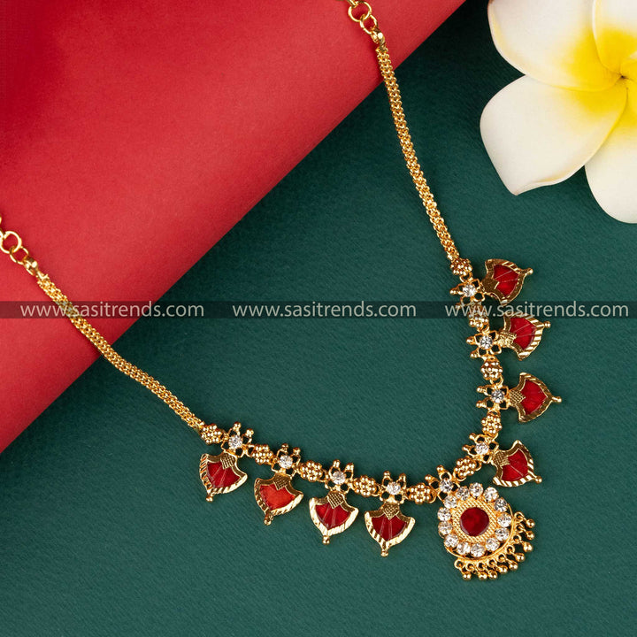 Elegant Micro Gold Plated Red Palakka Nagapadam Necklace with Four Petal Design Sasitrends