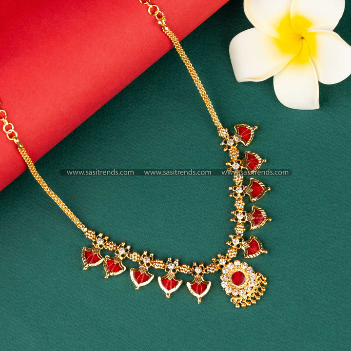 Attractive Micro Gold Plated Red Palakka Nagapadam Necklace with Five Petal Design