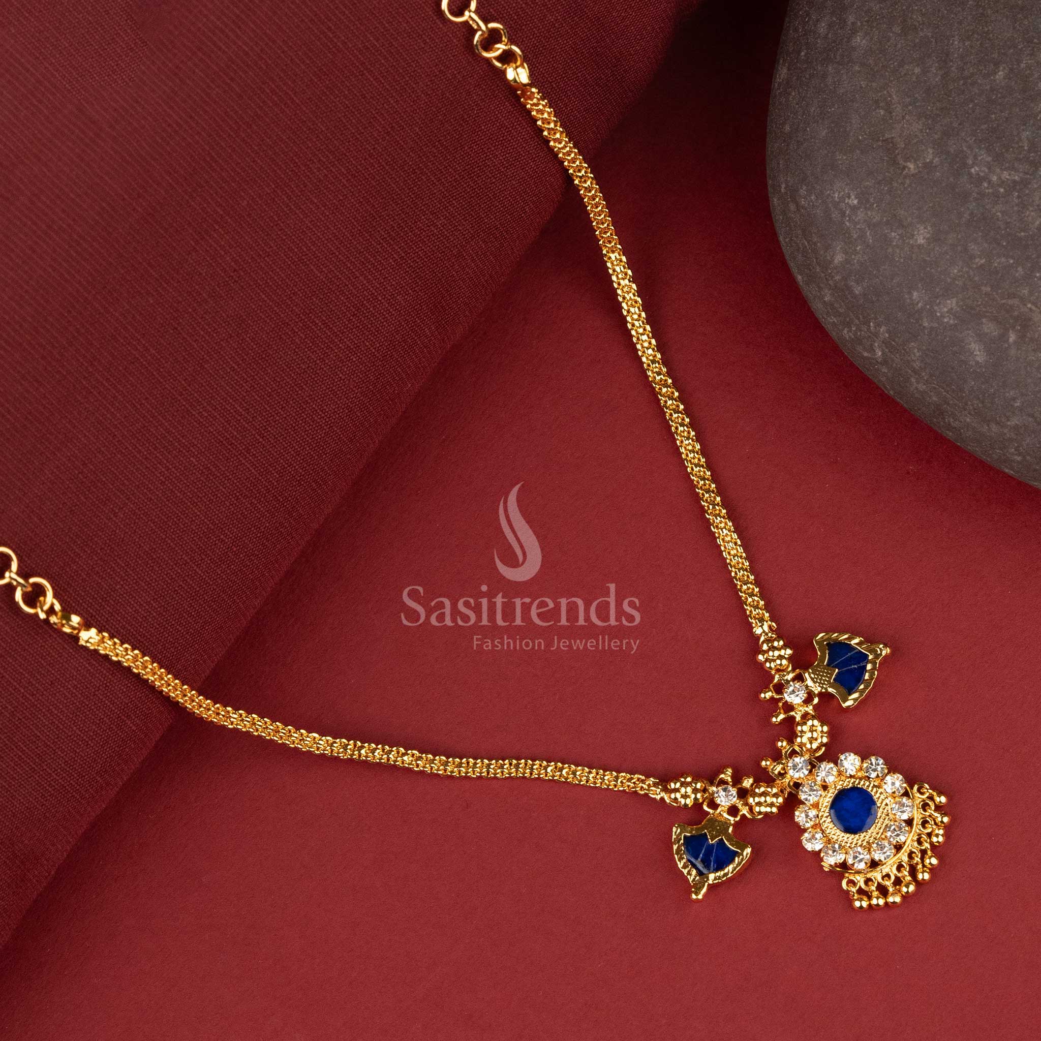 Traditional one gram micro gold-plated necklace featuring a single blue palakka petal in a minimalist floral-inspired design, perfect for an elegant and subtle look - Sasitrends