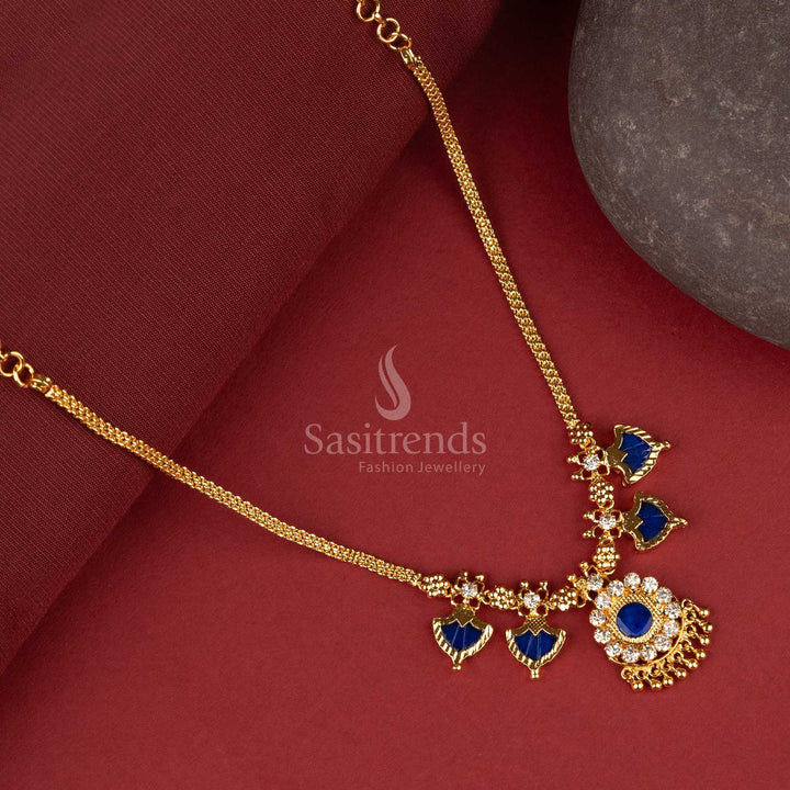 Exquisite traditional one gram micro gold-plated necklace adorned with two symmetrical blue palakka petals, creating a balanced and graceful floral motif - Sasitrends