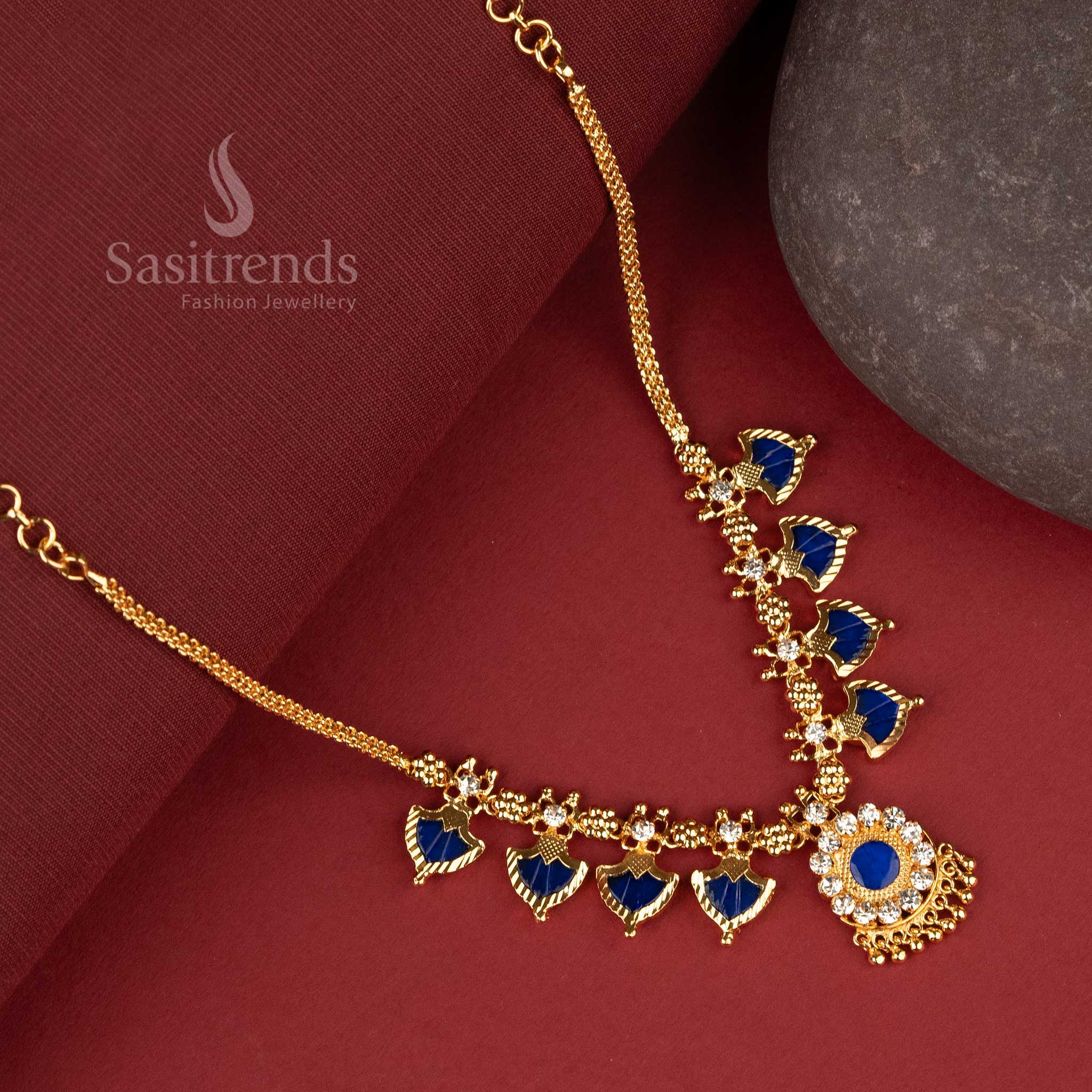 Traditional one gram micro gold-plated necklace showcasing four blue palakka petals forming a harmonious floral design, reflecting cultural elegance and charm - Sasitrends