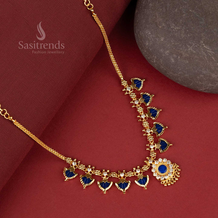 Stunning one gram micro gold-plated necklace featuring five blue palakka petals in a detailed floral arrangement, exuding traditional craftsmanship and timeless beauty - Sasitrends