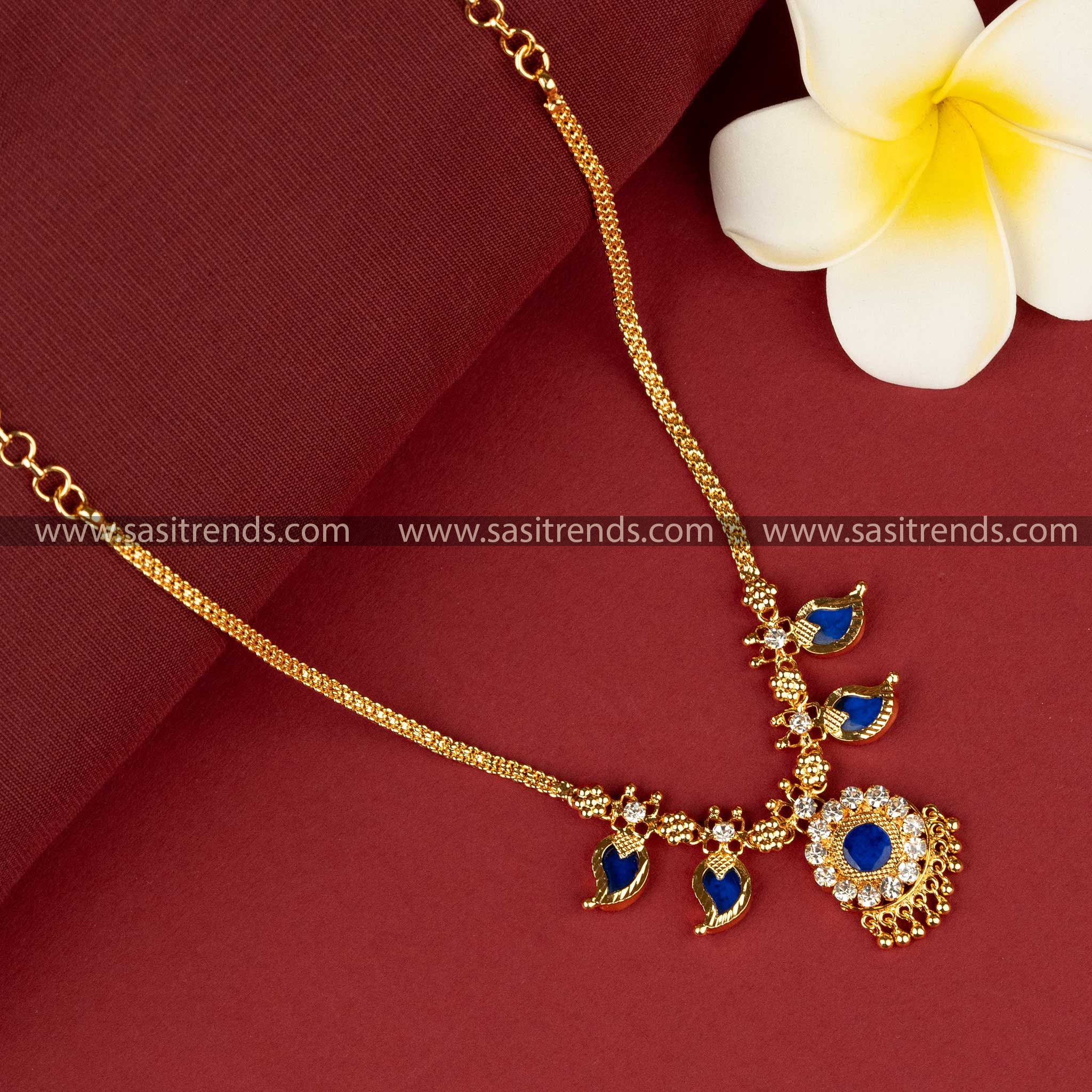 Traditional Micro Gold Plated Blue Palakka Mango Necklace - 2 Petal Design